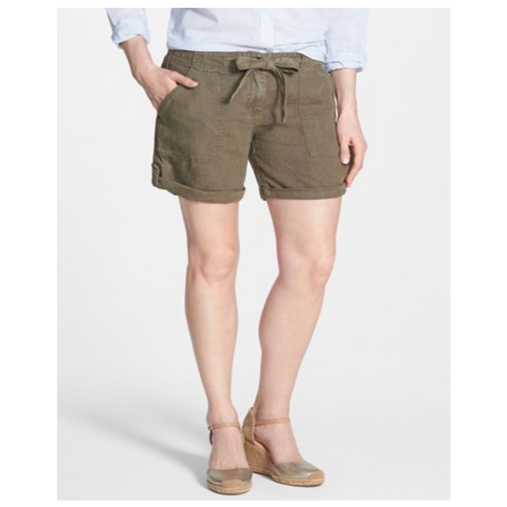 Sanctuary Tie Waist 100% Linen Utility Shorts Olive 28 Casual Relaxed Summer NWT